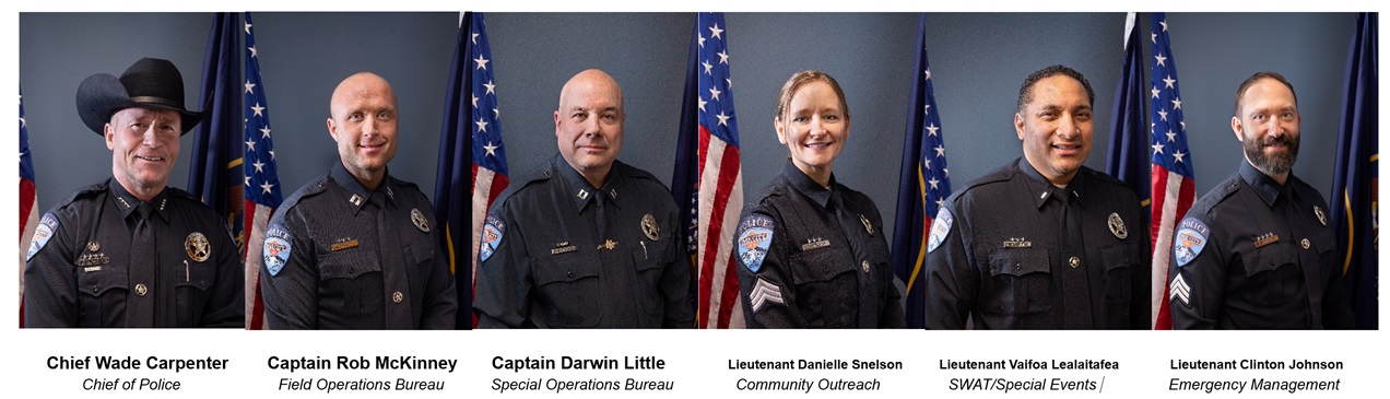 From left to right, Park City Police Chief Wade Carpenter, Field Operations Bureau Captain Rob McKinney, Special Operations Bureau Captain Darwin Little, Community Outreach Lieutenant Danielle Snelson, SWAT and Special Events Captain Lieutenant Vaifoa Lealaitafea, Emergency Management Lieutenant Clinton Johnson